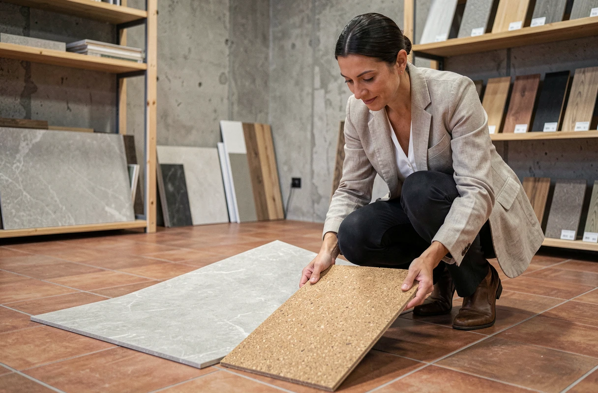 Designer d'intérieur comparant des échantillons de revêtement de sol en showroom de rénovation