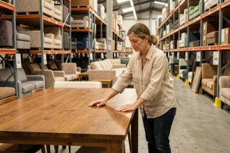 Femme inspectant une table en bois massif dans un entrepôt de déstockage de meubles à Bordeaux