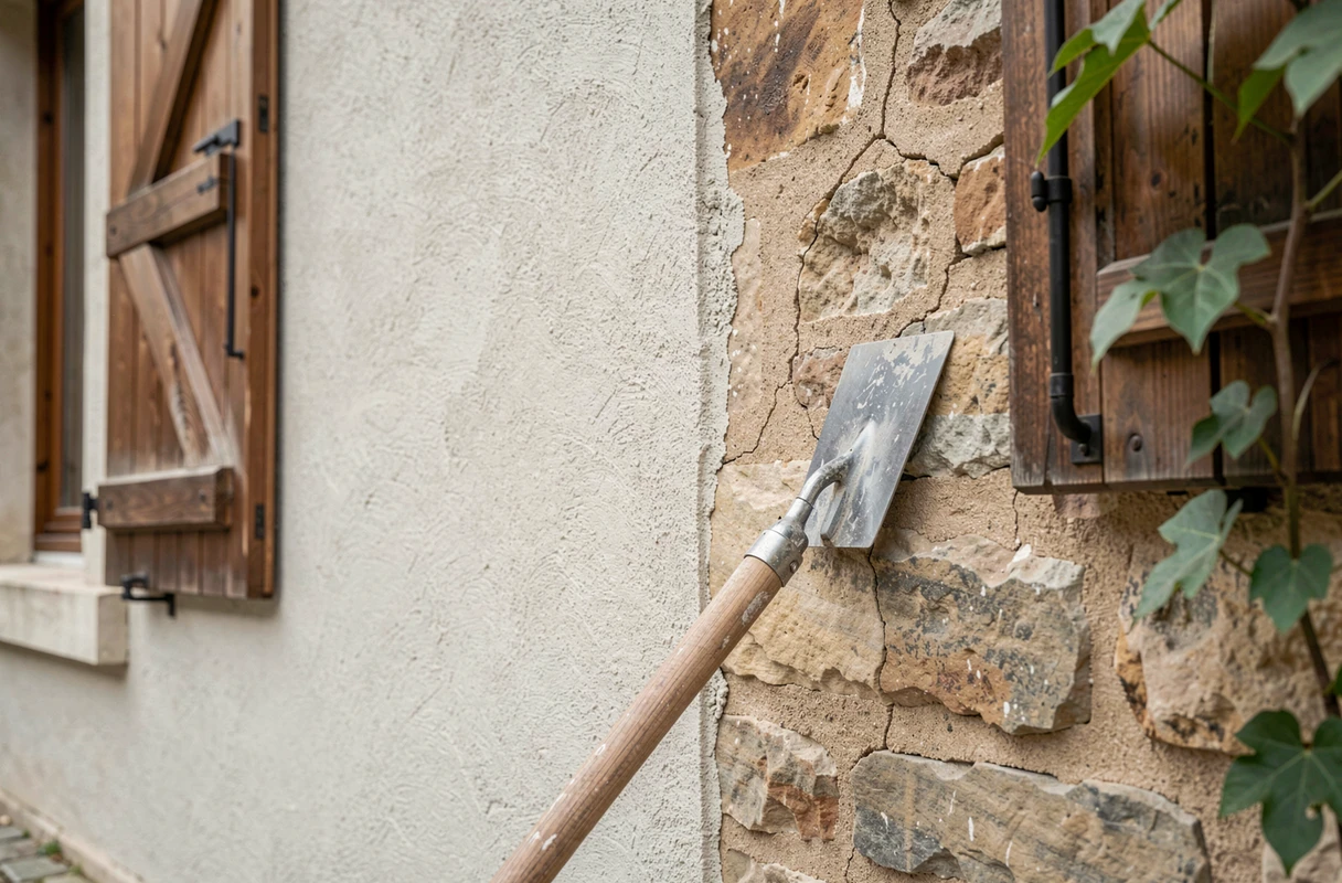 Détail d'une façade en pierre rénovée montrant le contraste entre l'ancien et le nouveau enduit de ravalement