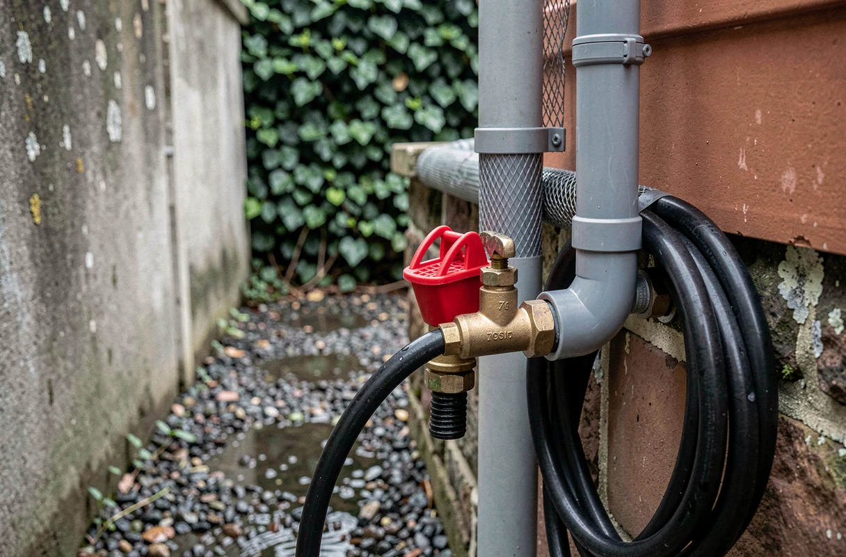 Détail du système de récupération d'eau de pluie avec filtre déviateur, cuve de stockage et robinet de soutirage