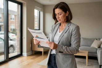 Femme étudiant un rapport de diagnostic énergétique dans un appartement moderne