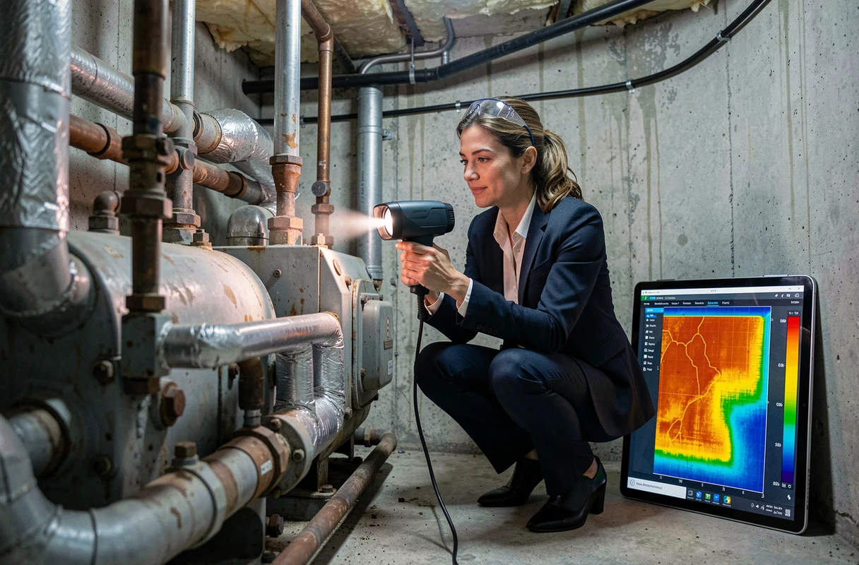 Consultante en énergie réalisant un diagnostic thermique d'une chaudière dans un sous-sol lors d'un audit énergétique immobilier