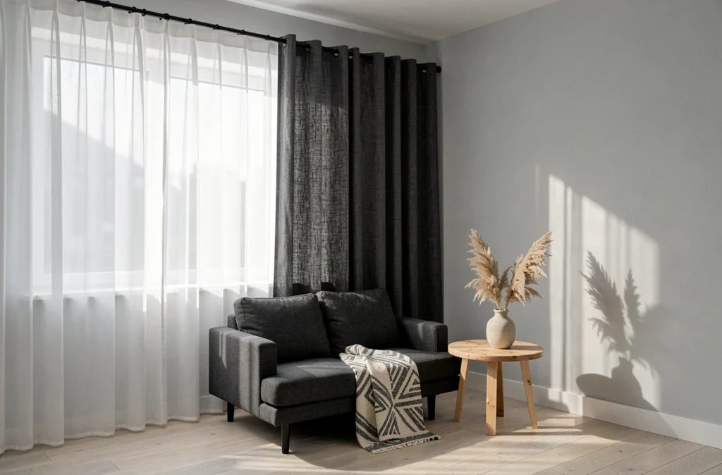 Salon scandinave minimaliste avec double rideau voilage blanc et panneau lin graphite sur tringle noire, ambiance épurée et apaisante