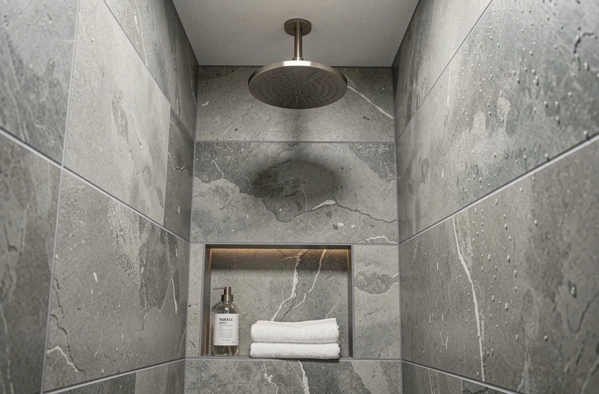 Douche à l'italienne avec carrelage effet ardoise et pomme de douche pluie en nickel brossé