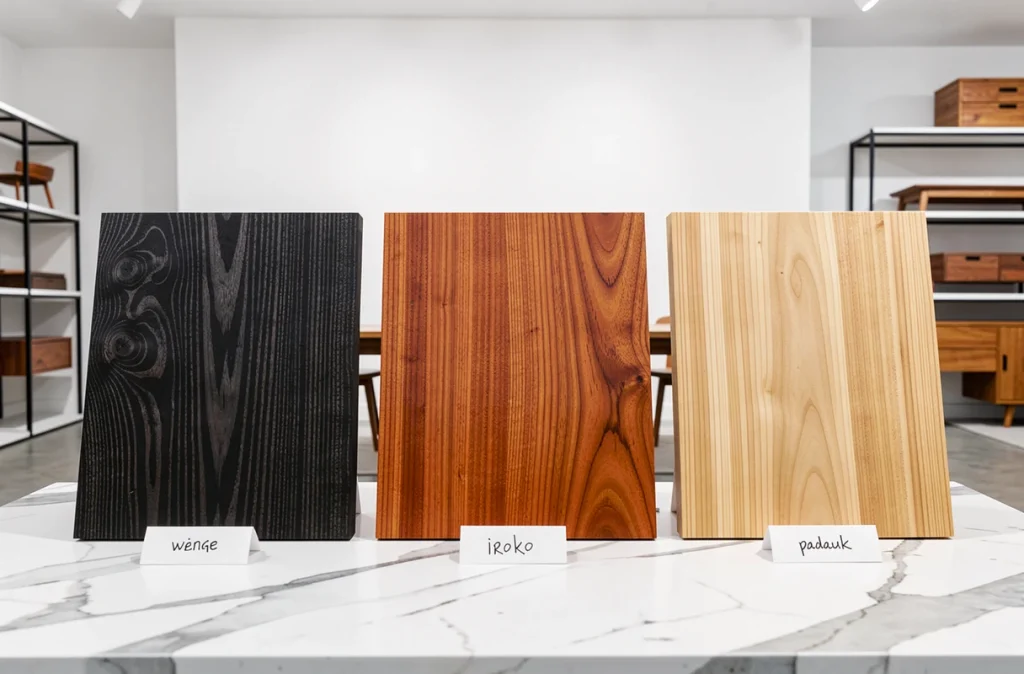 Échantillons de bois exotiques wengé, iroko et padauk côte à côte sur du marbre blanc dans un showroom de meubles, illustrant les différences de teintes et de grain.
