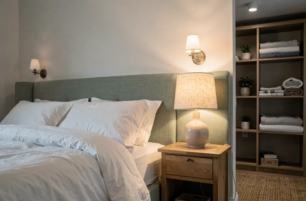 Chambre à coucher avec lampe de chevet, applique murale et spot encastré créant une atmosphère reposante et un éclairage en couches harmonieux