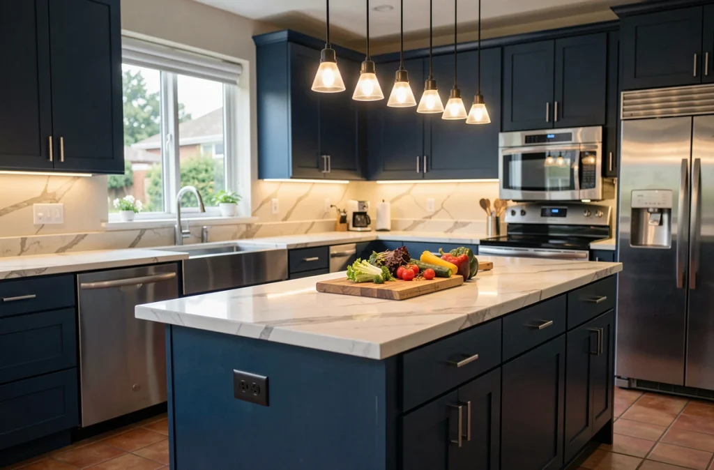 Cuisine contemporaine avec éclairage sous les meubles et suspensions au-dessus de l'îlot central, mettant en valeur les surfaces et les matériaux