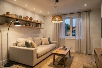 Salon moderne aux multiples sources lumineuses bien agencées, valorisant chaque zone avec une ambiance chaleureuse et soignée
