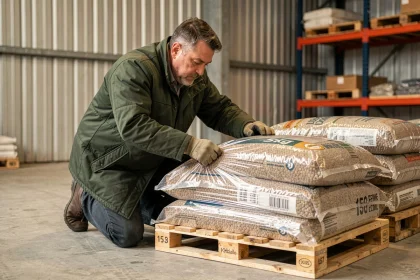 Homme emballant des sacs de pellets avec du film étirable sur une palette en entrepôt