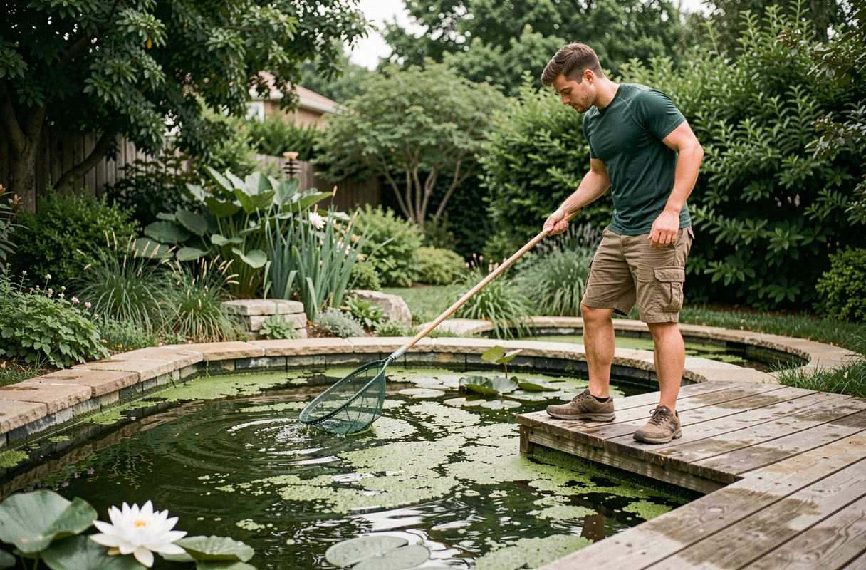 Jeune homme retirant les algues d'un bassin de jardin avec une épuisette lors d'un entretien régulier