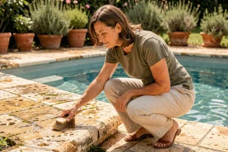 Femme entretenant les margelles en pierre d'une piscine avec une brosse, jardin méditerranéen en arrière-plan