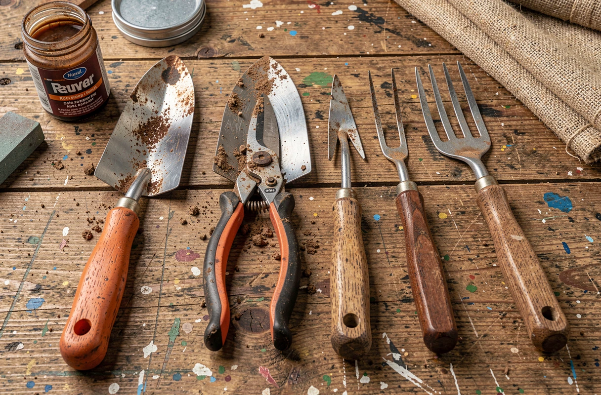 Vue détaillée d'une rangée d'outils de jardin en cours d'entretien sur un établi en bois patiné, avec pierre à aiguiser et chiffon en jute