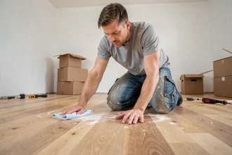 Homme effectuant l'entretien de base d'un parquet en chêne fraîchement posé, essuyant les résidus avec un chiffon microfibre après travaux