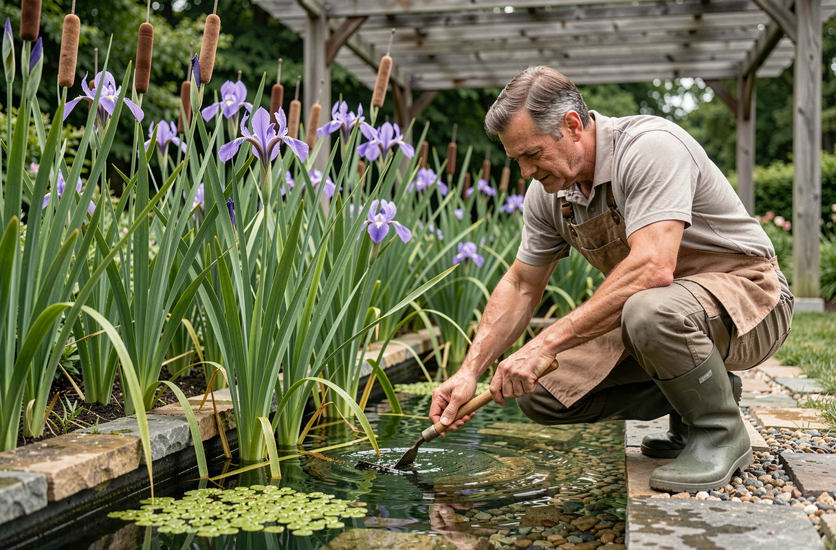 Homme entretenant la zone de régénération végétale d'une piscine biologique naturelle