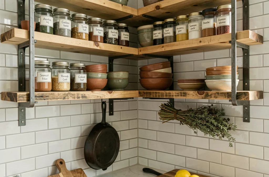 Étagères murales en métal et bois recyclé dans un coin cuisine avec épices et bols en céramique