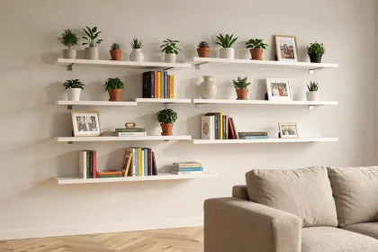 Étagères murales flottantes blanches dans un salon moderne avec plantes, livres et objets décoratifs