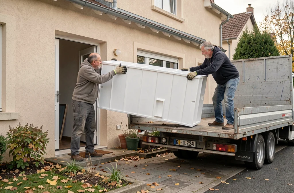 Deux hommes évacuant les panneaux d'un silo à granulés démonté vers un camion de déménagement devant une maison pavillonnaire