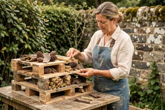 Femme fabriquant un hôtel à insectes avec des palettes et matériaux de récupération dans un jardin
