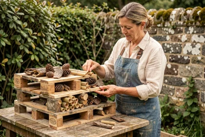 Femme fabriquant un hôtel à insectes avec des palettes et matériaux de récupération dans un jardin