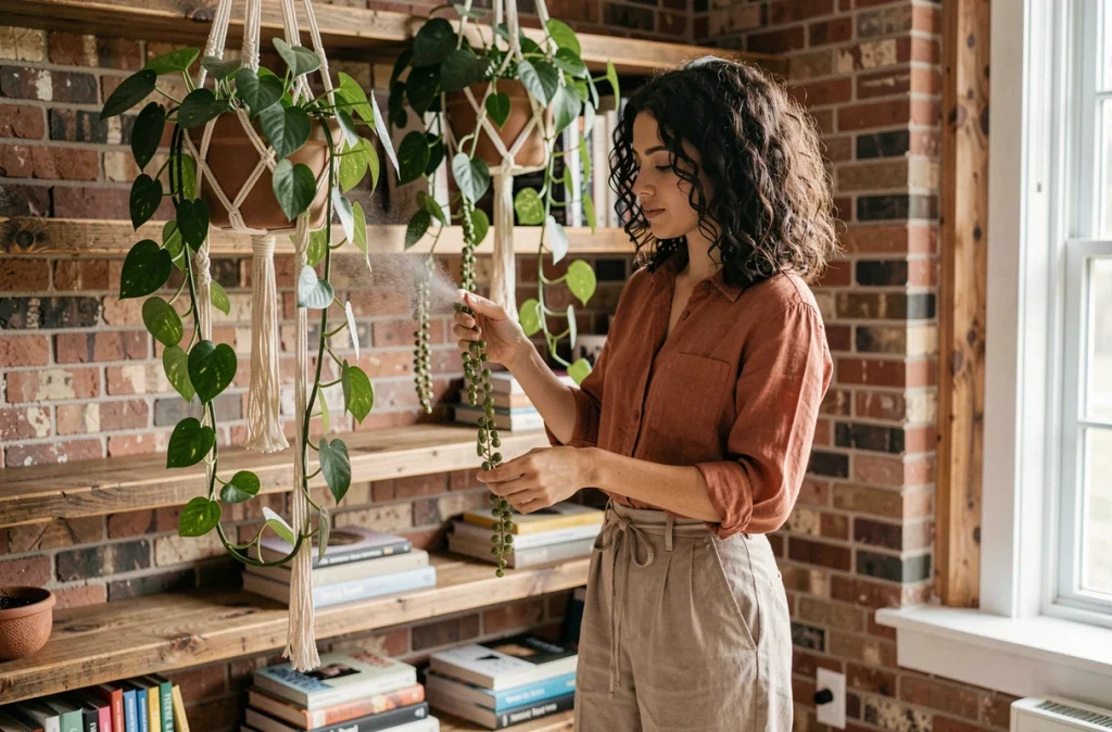 Jeune femme arrosant des plantes vertes suspendues dans un salon bohème avec mur en brique et étagères en bois flotté