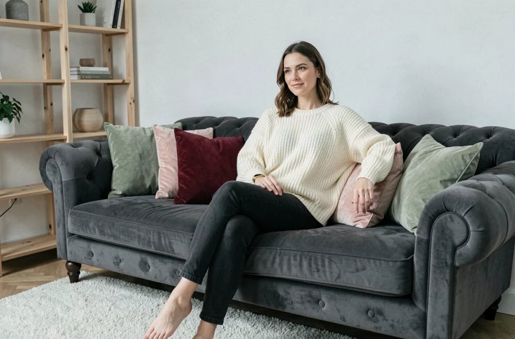 Femme détendue assise sur un canapé gris anthracite entourée de coussins colorés dans un intérieur scandinave moderne