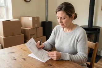 Femme consultant son contrat de livraison de pellets avant un déménagement, entourée de cartons