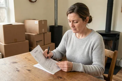 Femme consultant son contrat de livraison de pellets avant un déménagement, entourée de cartons