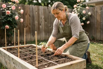Femme jardinant dans un carré potager en bois divisé en sections, transplantant des plants de tomates dans une terre riche et bien travaillée