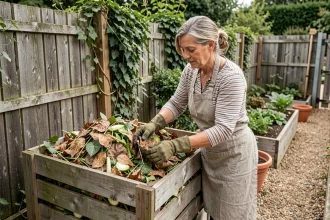 Femme en tablier de jardinage ajoutant des déchets verts dans un composteur en bois discret installé dans un coin de jardin