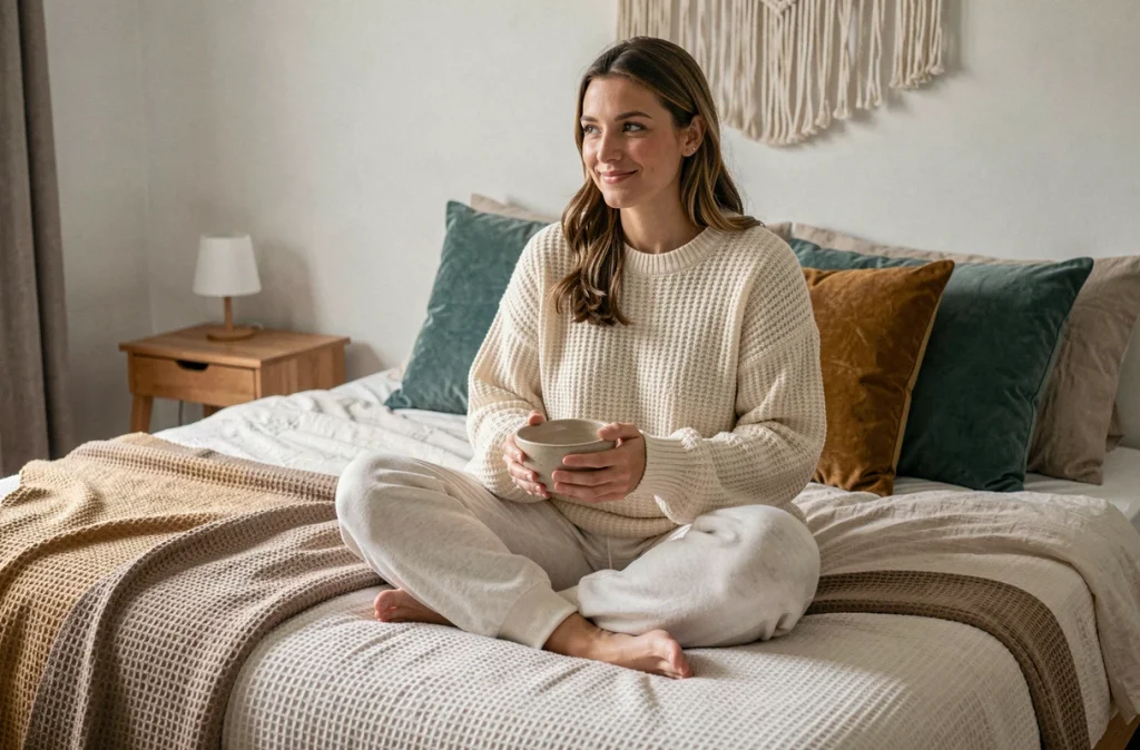 Femme en pull en laine épaisse assise sur un lit aux matières mélangées lin velours et coton dans une chambre cosy