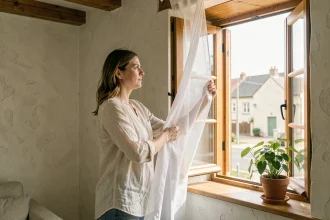 Femme ouvrant une fenêtre en bois pour aérer une pièce de vie et améliorer la qualité de l'air intérieur