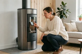 Femme examinant le panneau de contrôle d'un poêle à pellets anthracite dans un salon moderne décoré avec soin