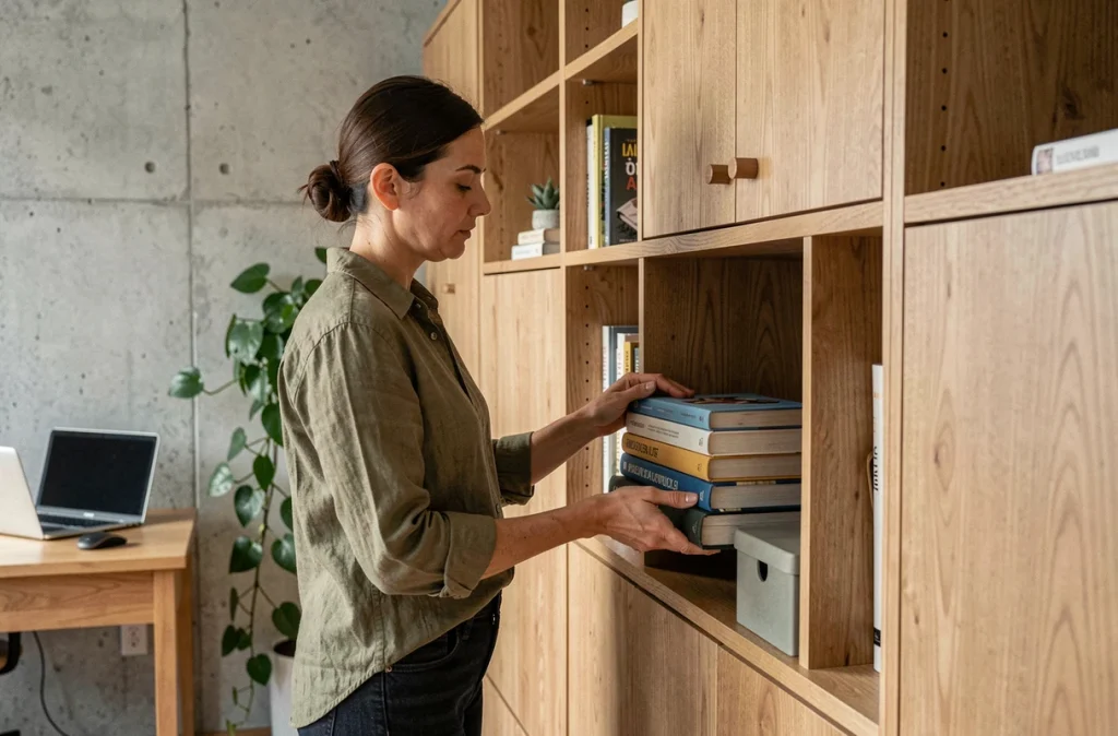 Femme organisant des livres sur une grande étagère murale en bois dans un bureau à domicile