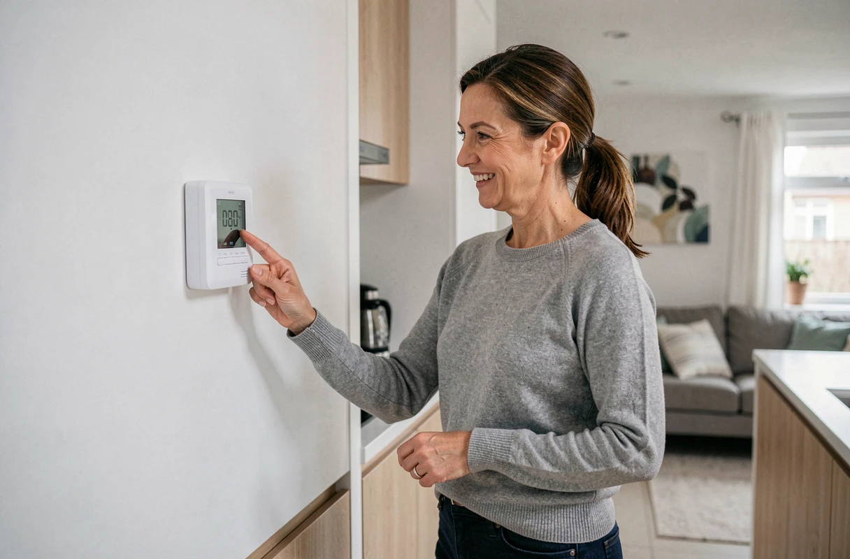 Femme réglant le thermostat connecté d'une pompe à chaleur dans une cuisine moderne pour réduire la consommation énergétique