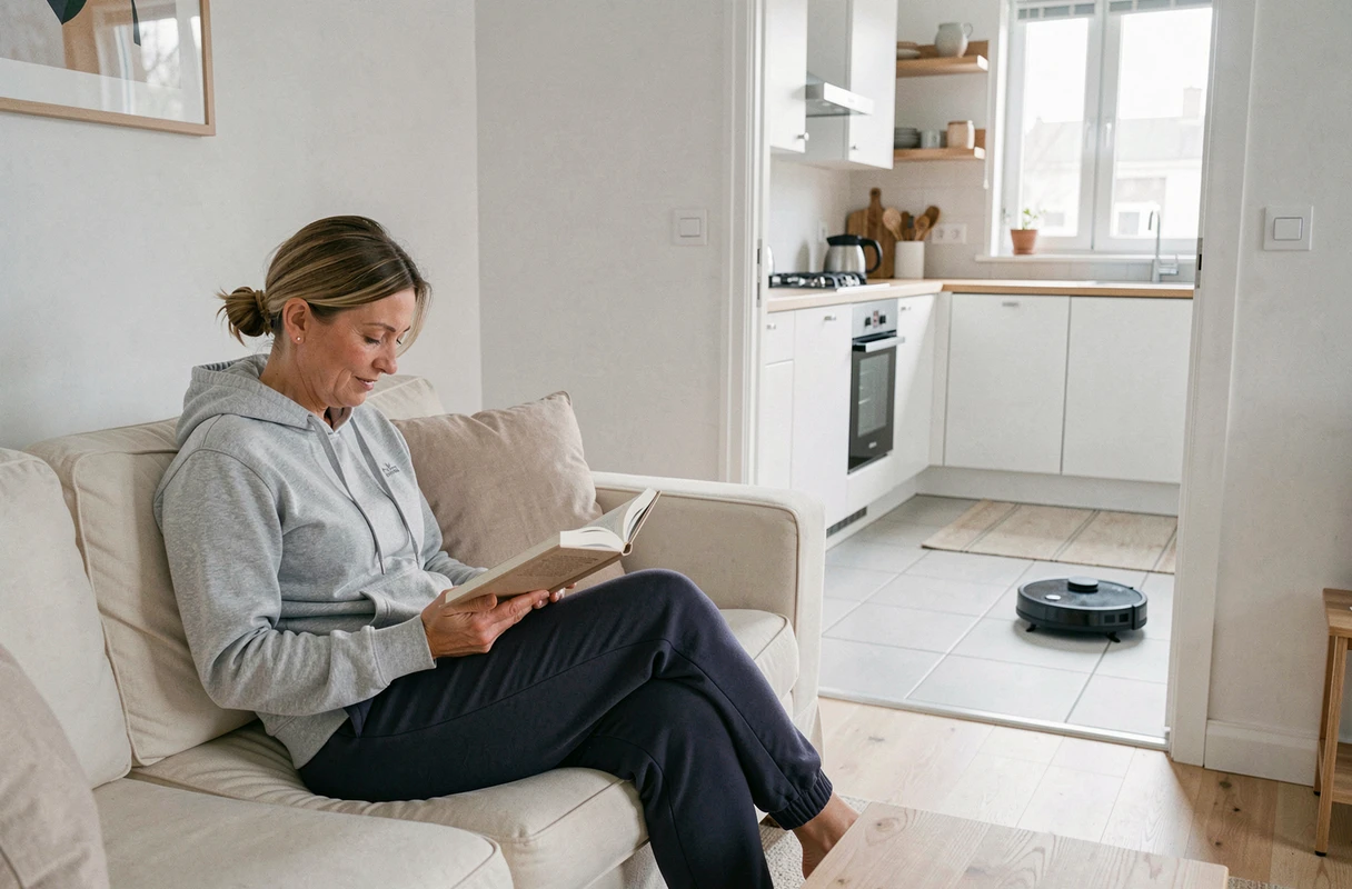 Femme se reposant sur un canapé pendant que son robot nettoyeur travaille en arrière-plan dans la cuisine