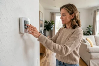 Femme réglant un thermostat connecté dans un salon moderne pour gérer le chauffage à distance grâce à la domotique