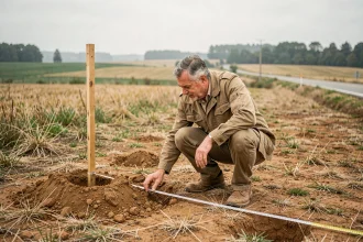 Géomètre examinant la texture du sol sur un terrain constructible en zone rurale, avec jalons et mètre ruban déroulé