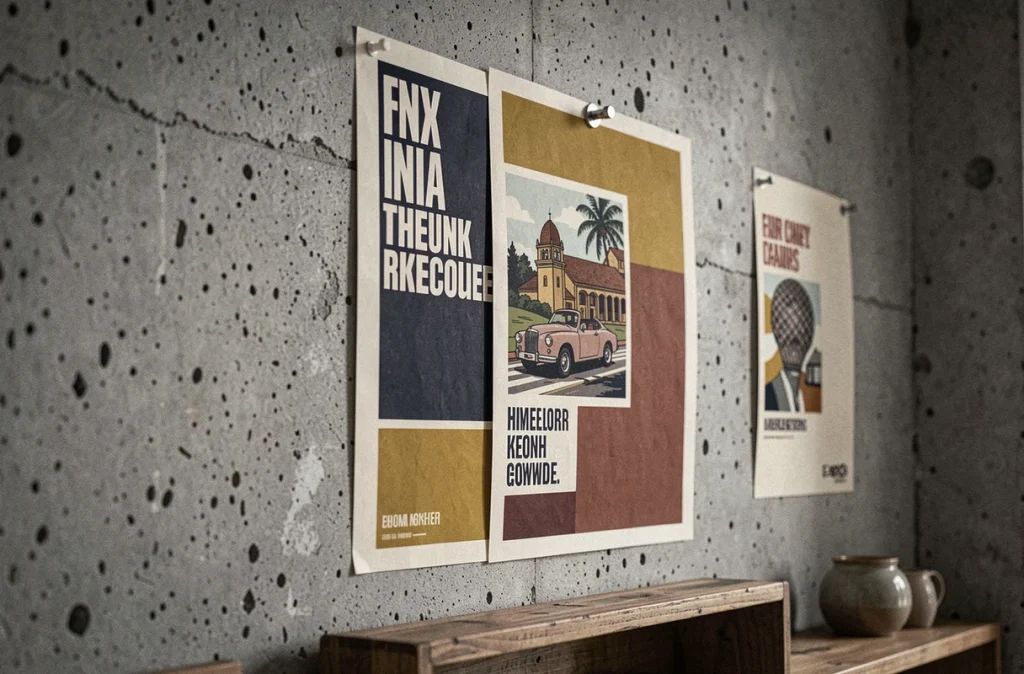 Gros plan sur des affiches graphiques colorées épinglées sur un mur en béton brut dans un appartement urbain