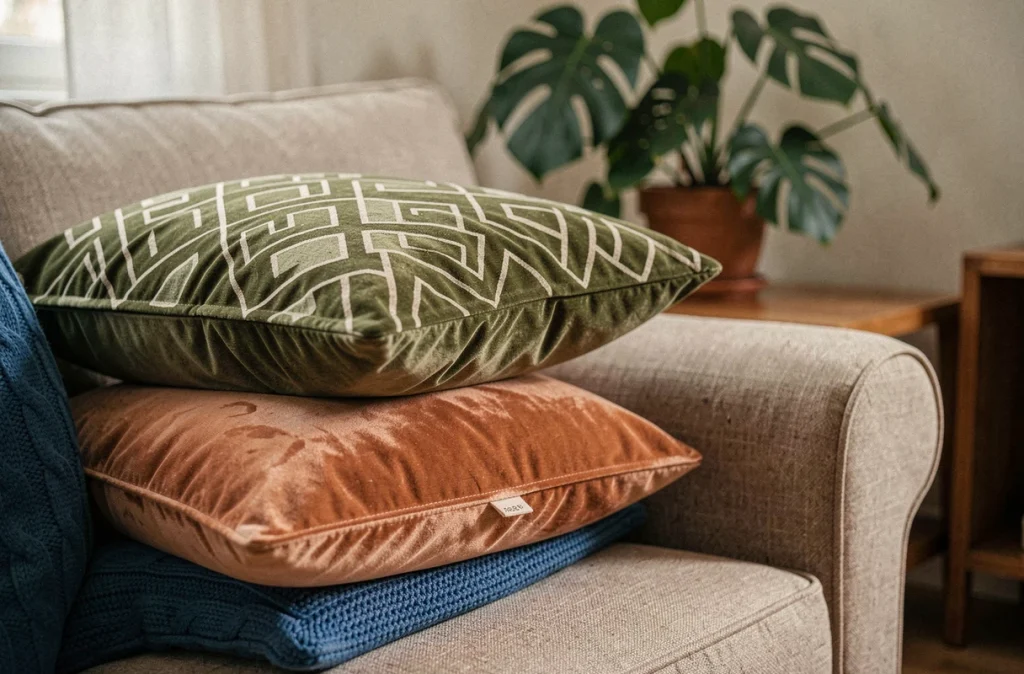 Gros plan sur des coussins décoratifs colorés empilés sur l'accoudoir d'un canapé beige avec une plante monstera en arrière-plan