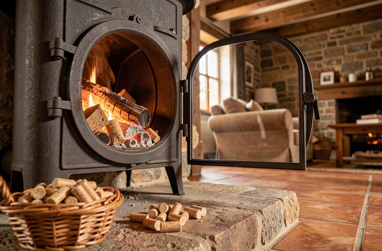 Gros plan sur un poêle à pellets en fonte avec braises rougeoyantes et pellets de bois dans un intérieur rustique en pierre