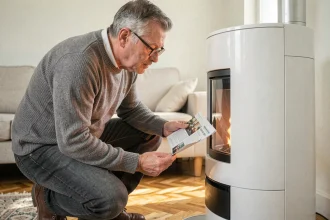 Homme examinant un poêle à pellets dans un salon avant installation, évaluation des besoins en chauffage
