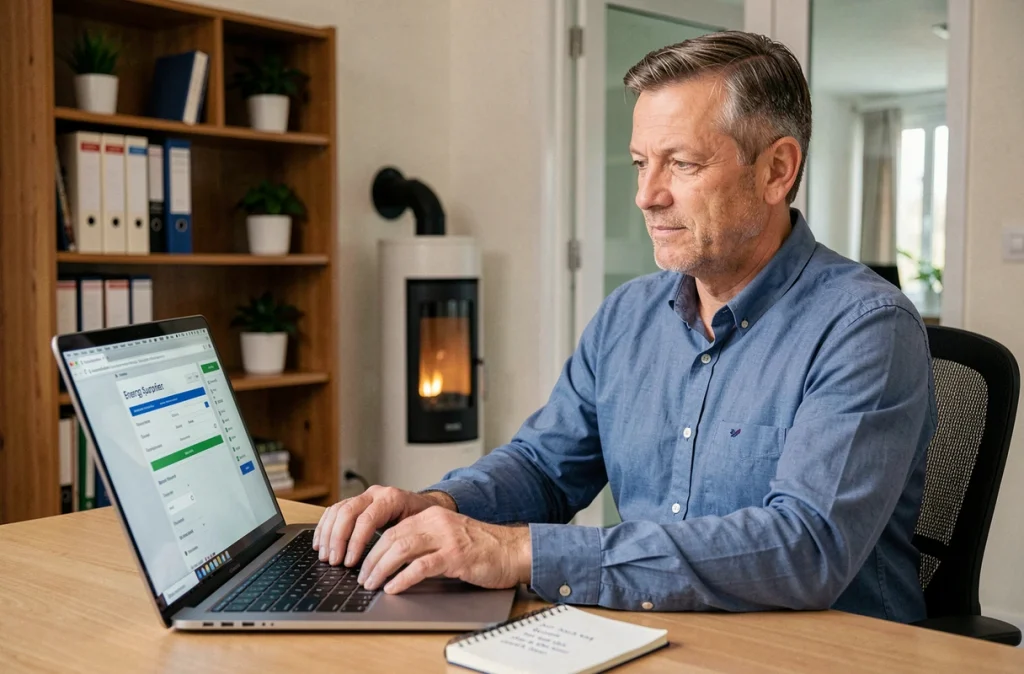 Homme modifiant son adresse de livraison de pellets sur un espace client en ligne depuis son bureau