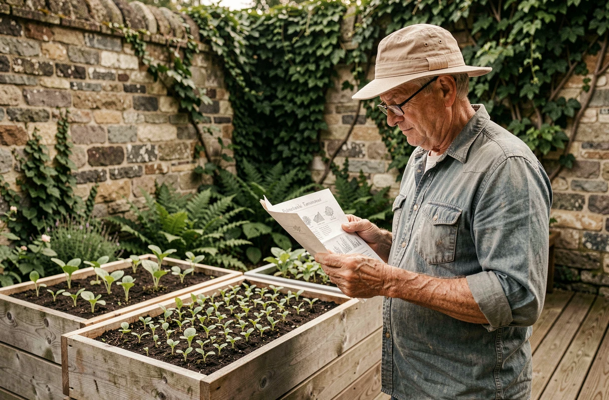 Homme âgé consultant un plan de plantation devant des carrés potagers surélevés sur une terrasse en bois avec un mur en pierre couvert de lierre en arrière-plan