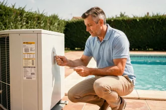 Homme examinant une pompe à chaleur installée au bord d'une piscine extérieure dans un jardin privatif
