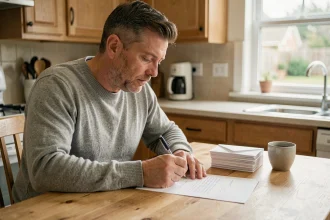 Homme rédigeant une lettre de notification de changement d'adresse à son fournisseur de pellets, assis à une table en bois dans une cuisine moderne