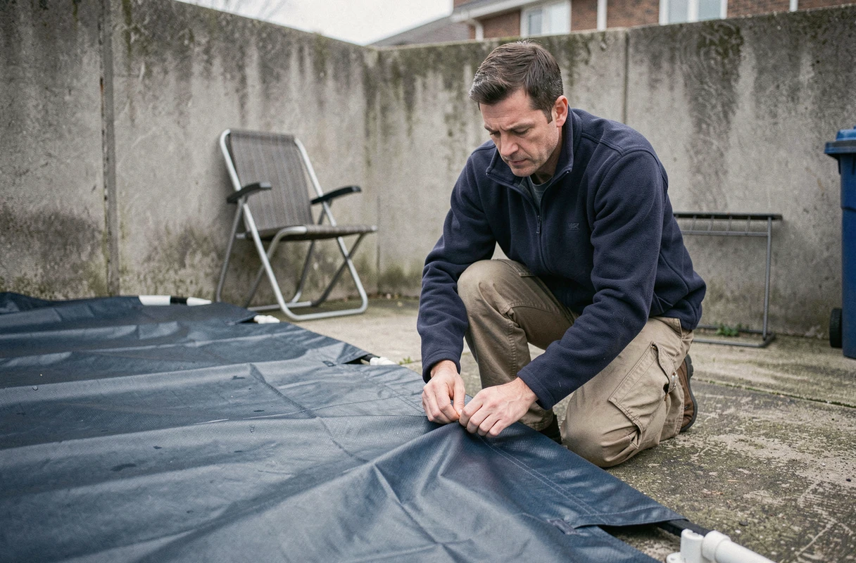 Homme ajustant les fixations d'une bâche hivernale bleue sur une piscine en milieu urbain au début de l'hiver