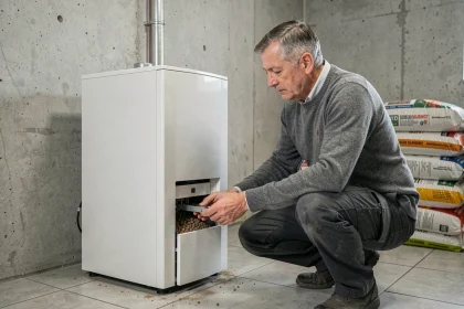 Technicien inspectant une chaudière à pellets dans une chaufferie résidentielle avant un départ définitif