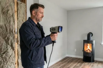 Technicien inspectant l'isolation thermique d'une maison équipée d'un poêle à pellets avec une caméra thermique