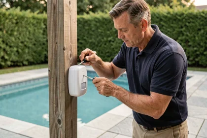 Technicien installant un capteur d'alarme de piscine sur une clôture en bois dans un jardin suburban
