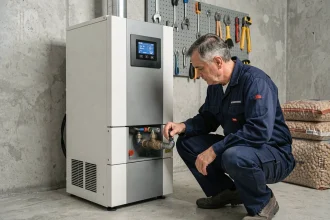 Technicien inspectant une chaudière à granulés installée dans une chaufferie domestique moderne